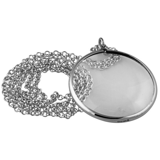 Plain Magnifying Glass Pendant Victorian Style 925 Sterling Silver English Hallmarks on 32" Silver Belcher Chain