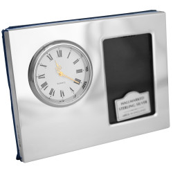 Desk Photo Frame with Clock 925 Sterling Silver English Hallmarks With Velvet Back