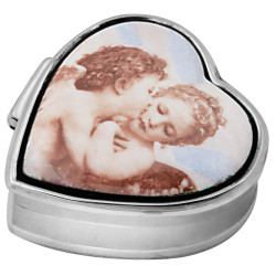 Heart Shaped Cheurb Pill Box 925 Sterling Silver English Hallmarks Set with Hand Painted Enamel