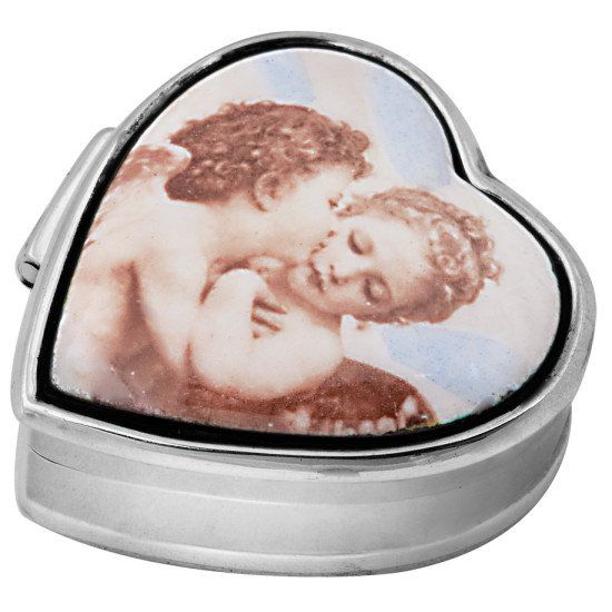 Heart Shaped Cheurb Pill Box 925 Sterling Silver English Hallmarks Set with Hand Painted Enamel