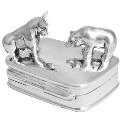 Bull and Bear on Rectangular Pill Box 925 Sterling Silver English Hallmarks