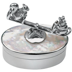 Squirrel and Hippo on Seesaw Pill Box 925 Sterling Silver English Hallmarks Set with Mother of Pearl