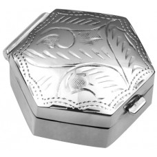 PB414   Ari D Norman Sterling Silver Small Engraved Hexagonal Hinged Pill Box