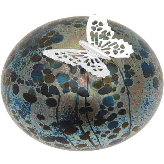 Butterfly on Stone Paperweight 925 Sterling Silver English Hallmarks and Molten Glass