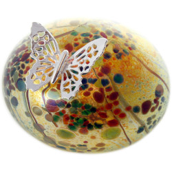 Butterfly on Stone Paperweight 925 Sterling Silver English Hallmarks and Molten Glass