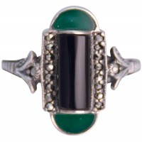 RG203   Marcasite Set Ring With Black Onyx And Green Agate Sterling Silver Ari D Norman