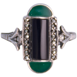 Elegant Ring Art Deco Style 925 Sterling Silver English Hallmarks Set with Onyx Green Agate and Marcasite