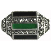 RG205   Marcasite Set Ring With Black Onyx And Green Agate Sterling Silver Ari D Norman