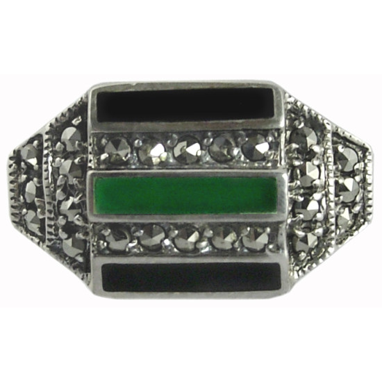 Elegant Ring Art Deco Style 925 Sterling Silver English Hallmarks Set with Onyx Green Agate and Marcasite
