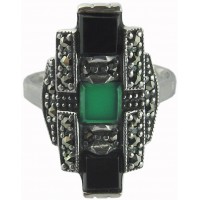 RG209 - Sterling Silver Marcasite Set Ring With Black Onyx And Green Agate