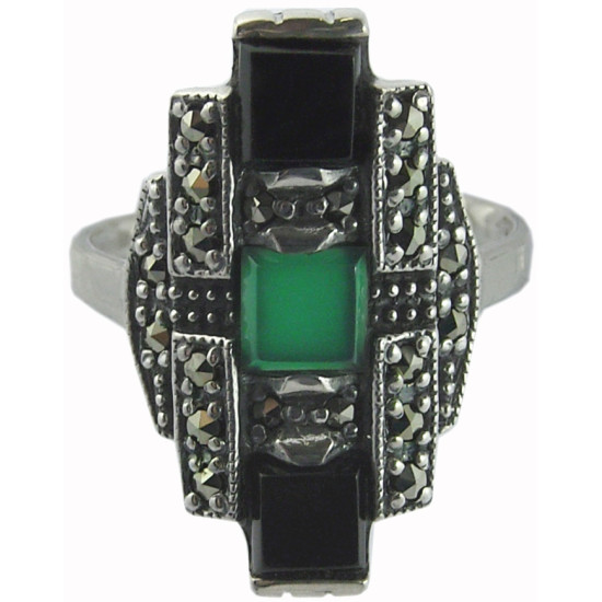 Elegant Ring Art Deco Style 925 Sterling Silver English Hallmarks Set with Onyx Green Agate and Marcasite