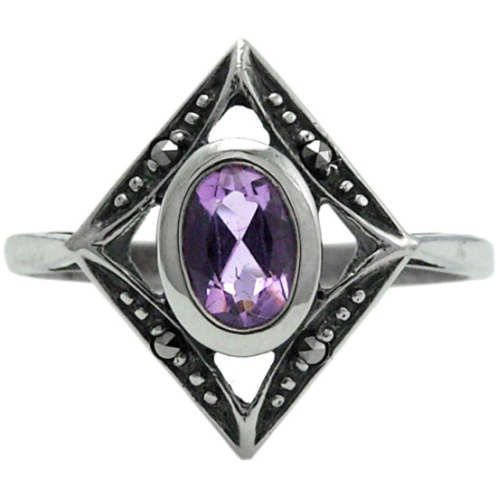 Elegant Ring Victorian Style 925 Sterling Silver English Hallmarks Set with Amethyst and Marcasite