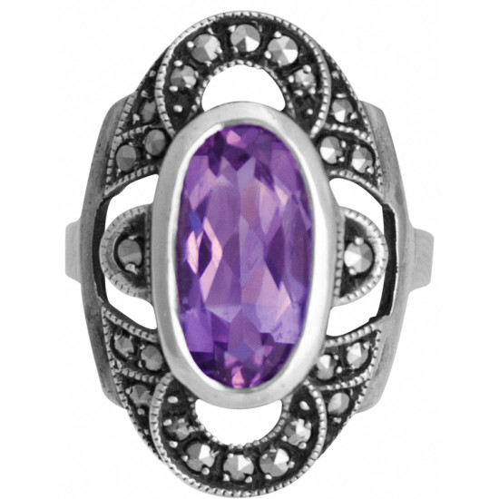 Elegant Ring Victorian Style 925 Sterling Silver English Hallmarks Set with Amethyst and Marcasite