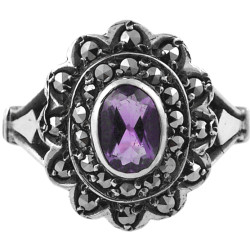 Elegant Ring Victorian Style 925 Sterling Silver English Hallmarks Set with Amethyst and Marcasite