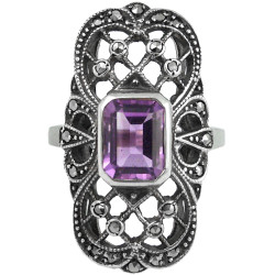 Elegant Ring Victorian Style 925 Sterling Silver English Hallmarks Set with Amethyst and Marcasite