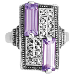 Elegant Ring Victorian Style 925 Sterling Silver English Hallmarks Set with Amethyst and Marcasite