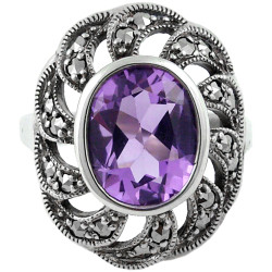 Elegant Ring Victorian Style 925 Sterling Silver English Hallmarks Set with Amethyst and Marcasite