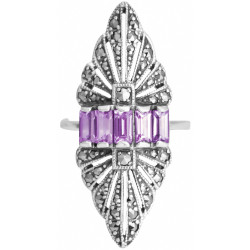 Elegant Ring Victorian Style 925 Sterling Silver English Hallmarks Set with Amethyst and Marcasite
