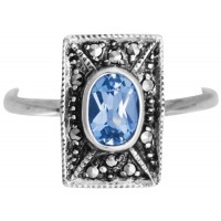 RG269   Ring With Marcasite And Genuine Synthetic Aquamarine Sterling Silver Ari D Norman