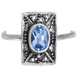 Elegant Ring Victorian Style 925 Sterling Silver English Hallmarks Set with Synthetic Aquamarine and Marcasite