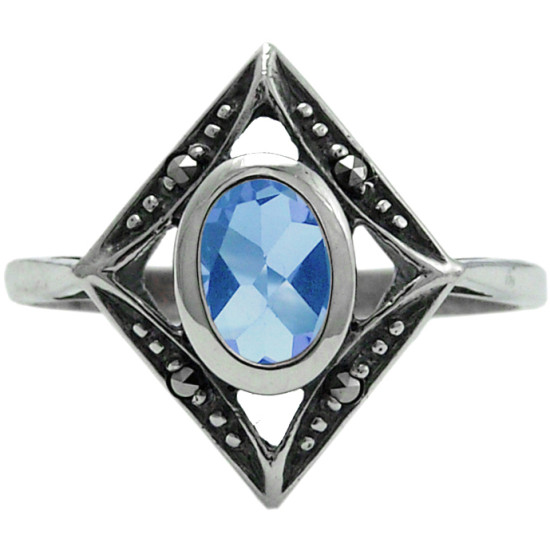 Elegant Ring Victorian Style 925 Sterling Silver English Hallmarks Set with Synthetic Aquamarine and Marcasite