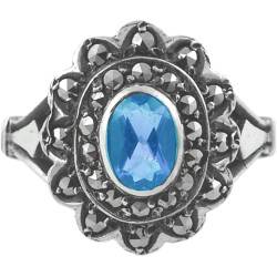Elegant Ring Victorian Style 925 Sterling Silver English Hallmarks Set with Synthetic Aquamarine and Marcasite