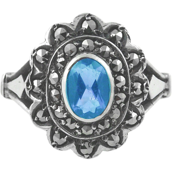 Elegant Ring Victorian Style 925 Sterling Silver English Hallmarks Set with Synthetic Aquamarine and Marcasite