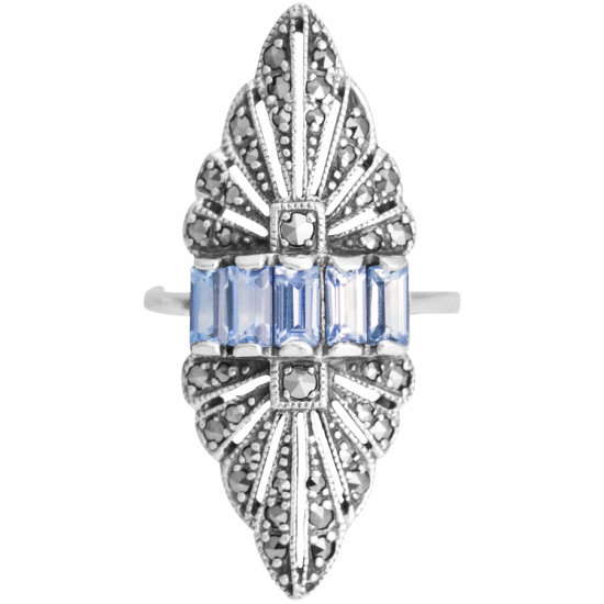 Elegant Ring Victorian Style 925 Sterling Silver English Hallmarks Set with Synthetic Aquamarine and Marcasite