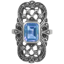 Elegant Ring Victorian Style 925 Sterling Silver English Hallmarks Set with Synthetic Aquamarine and Marcasite