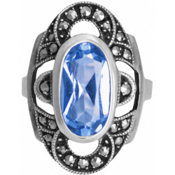 Elegant Ring Victorian Style 925 Sterling Silver English Hallmarks Set with Synthetic Aquamarine and Marcasite