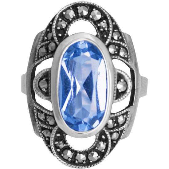 Elegant Ring Victorian Style 925 Sterling Silver English Hallmarks Set with Synthetic Aquamarine and Marcasite
