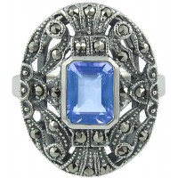 RG280   Ring With Marcasite And Genuine Synthetic Aquamarine Sterling Silver Ari D Norman