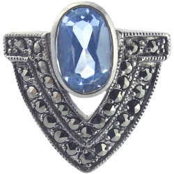 Elegant Ring Victorian Style 925 Sterling Silver English Hallmarks Set with Synthetic Aquamarine and Marcasite
