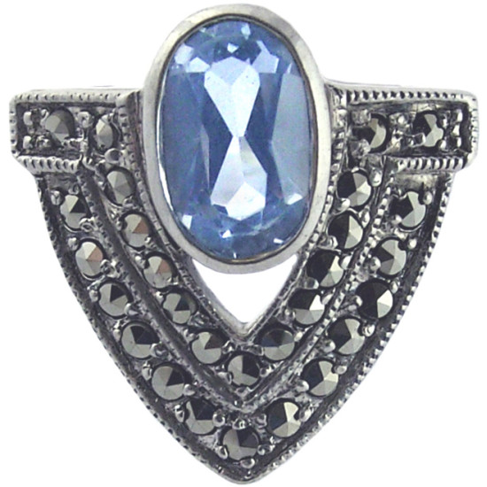 Elegant Ring Victorian Style 925 Sterling Silver English Hallmarks Set with Synthetic Aquamarine and Marcasite
