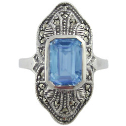 Elegant Ring Victorian Style 925 Sterling Silver English Hallmarks Set with Synthetic Aquamarine and Marcasite
