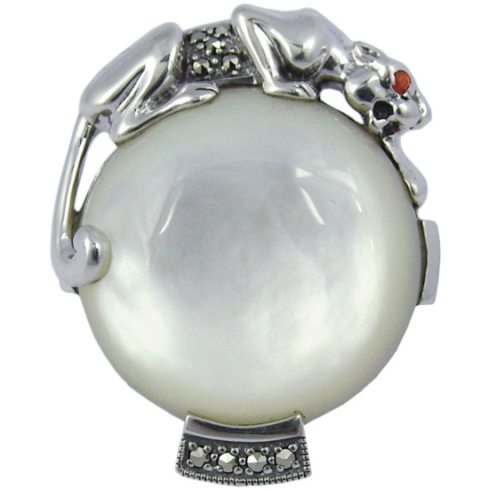 Panther Ring Art Deco Style 925 Sterling Silver English Hallmarks Set With Mother of Pearl Marcasite and Ruby Eyes