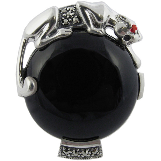 Panther Ring Art Deco Style 925 Sterling Silver English Hallmarks Set With Onyx Marcasite and Emerald Eyes
