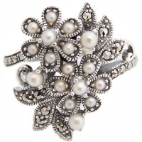 RG303   Floral Ring With Pearl And Marcasite Sterling Silver Ari D Norman