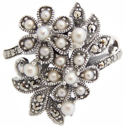 Floral Ring Victorian Style 925 Sterling Silver English Hallmarks Set with Marcasite and Pearls