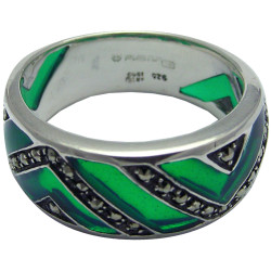 Elegant Ring Elizabethan Style 925 Sterling Silver English Hallmarks Set with Green Enamel and Marcasite