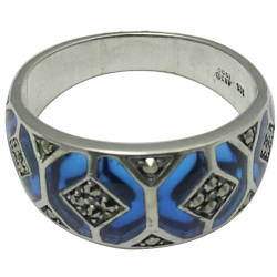 Elegant Ring Elizabethan Style 925 Sterling Silver English Hallmarks Set with Blue Enamel and Marcasite