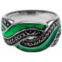 RG510   Ring With Green Enamel And Marcasite Sterling Silver Ari D Norman