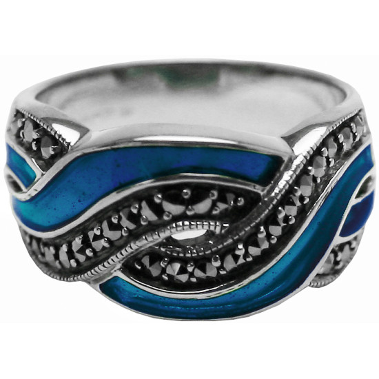Elegant Ring Elizabethan Style 925 Sterling Silver English Hallmarks Set with Blue Enamel and Marcasite