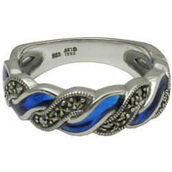 Elegant Ring Elizabethan Style 925 Sterling Silver English Hallmarks Set with Blue Enamel and Marcasite