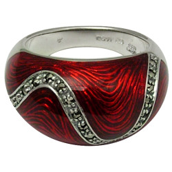 Elegant Ring Elizabethan Style 925 Sterling Silver English Hallmarks Set with Red Enamel and Marcasite