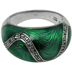 Elegant Ring Elizabethan Style 925 Sterling Silver English Hallmarks Set with Green Enamel and Marcasite