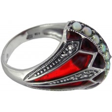 RG521   Elizabethan Style Ring With Red Enamel, Opal And Marcasite Sterling Silver Ari D Norman