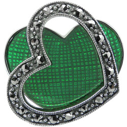 Double Heart Ring 925 Sterling Silver English Hallmarks Set with Green Enamel and Marcasite