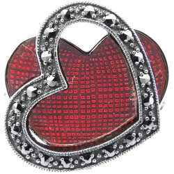 Double Heart Ring 925 Sterling Silver English Hallmarks Set with Red Enamel and Marcasite