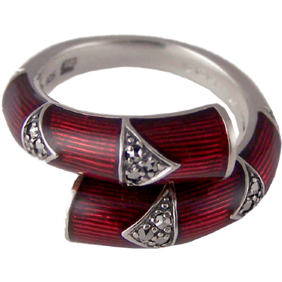 Bamboo Style Ring 925 Sterling Silver English Hallmarks Set with Red Enamel and Marcasite